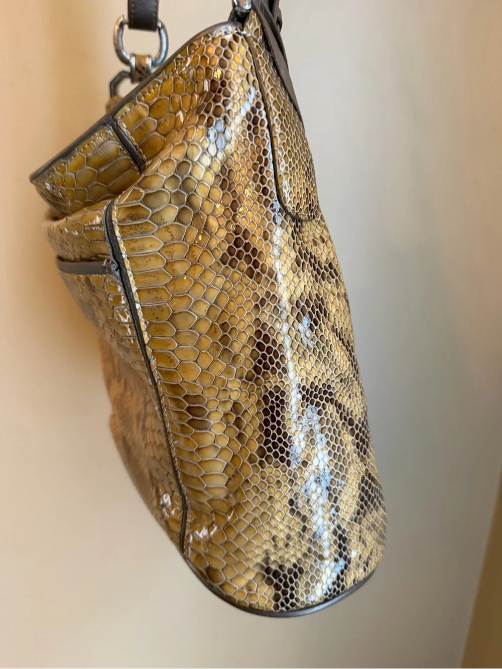 Y2K Brighton Snake Print Gold Patent Leather Shoulder Bag Bohemian Festival